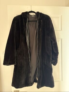 ZARA Black Plush Faux Fur Hooded Teddy Jacket